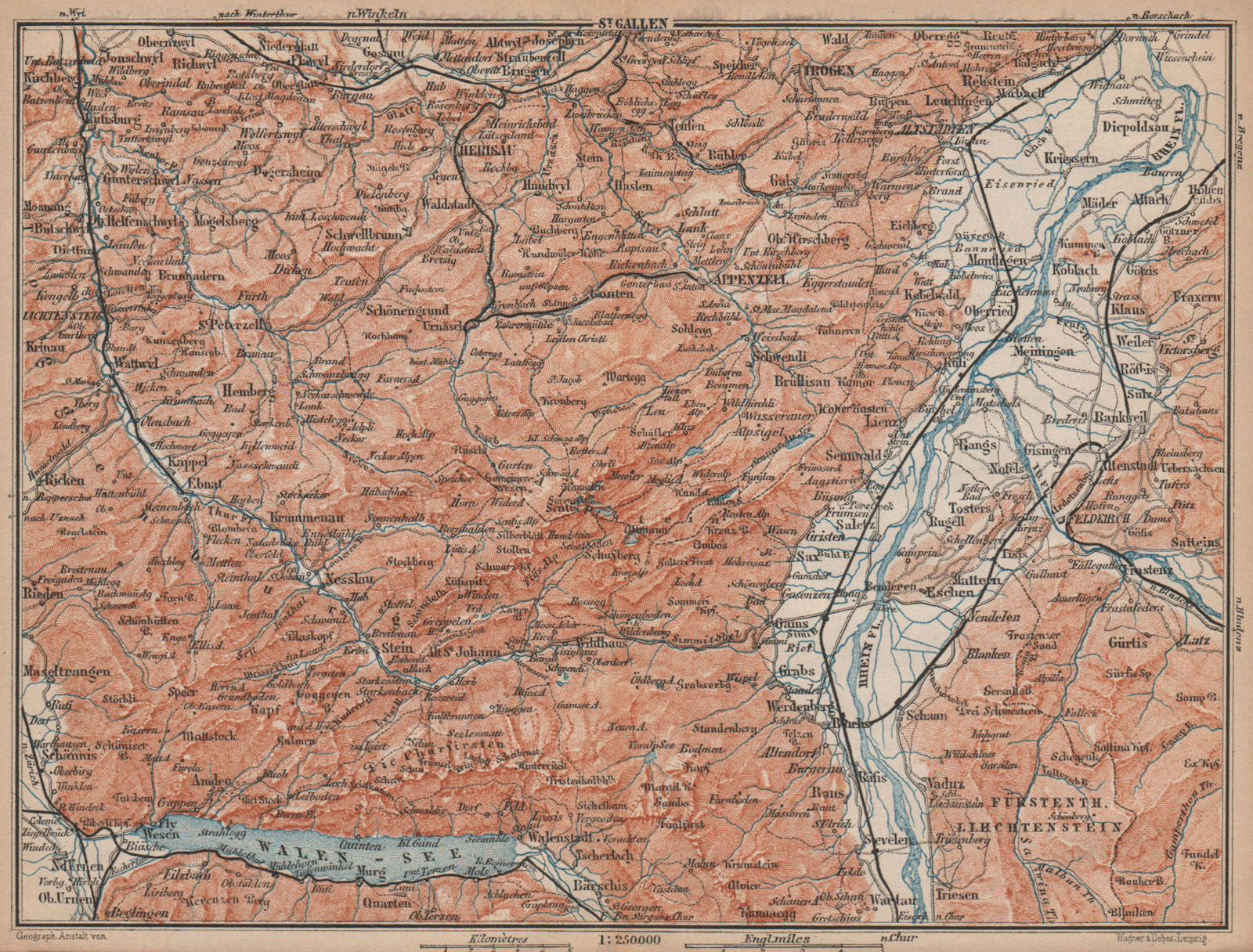 APPENZELL CANTON. Wildhaus Unterwasser St. Gallen Trogen Walensee 1893 old map